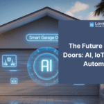 A smart garage door featuring AI and IoT technology, showing icons for Wi-Fi connectivity, a smartphone, and a security camera
