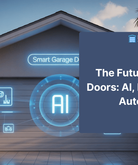 A smart garage door featuring AI and IoT technology, showing icons for Wi-Fi connectivity, a smartphone, and a security camera
