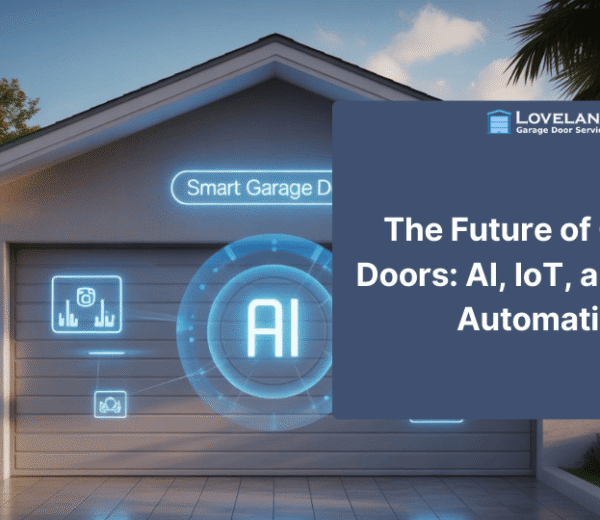 A smart garage door featuring AI and IoT technology, showing icons for Wi-Fi connectivity, a smartphone, and a security camera