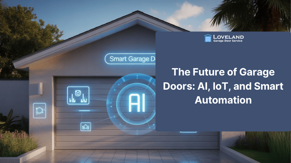 A smart garage door featuring AI and IoT technology, showing icons for Wi-Fi connectivity, a smartphone, and a security camera