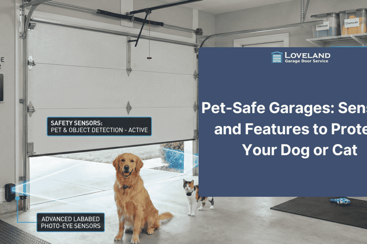 A Golden Retriever sitting safely inside a garage with the door open