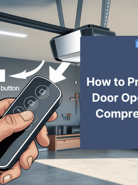 Homeowner standing on a ladder programming a garage door opener remote