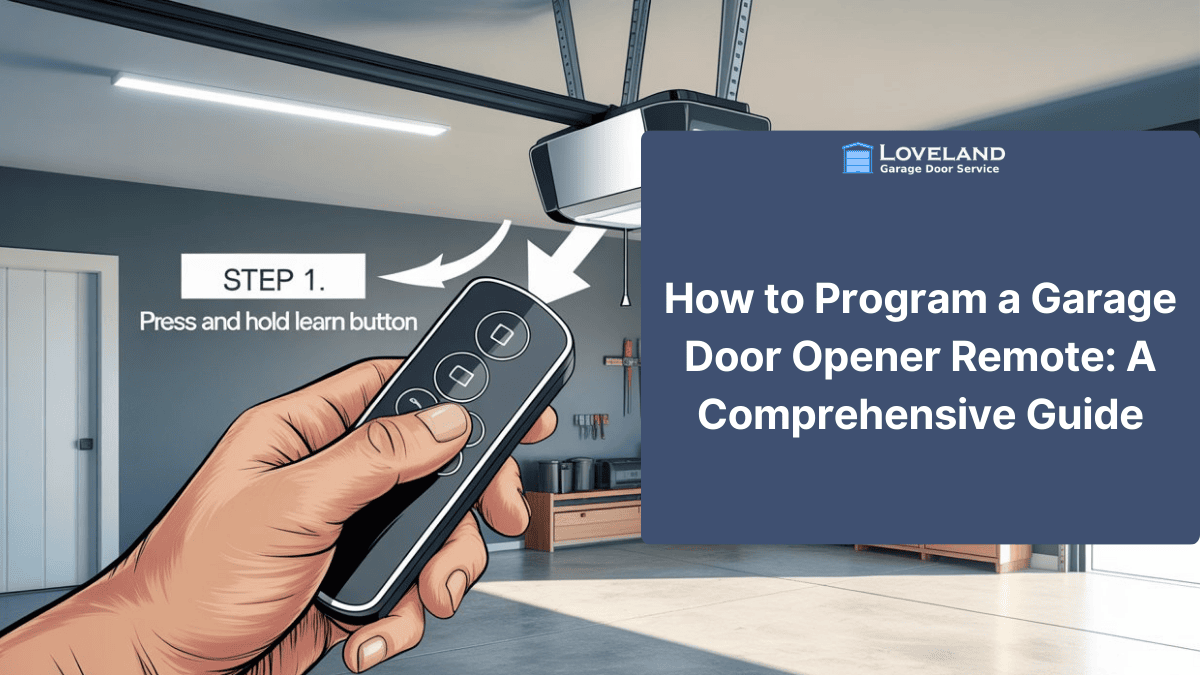 Homeowner standing on a ladder programming a garage door opener remote