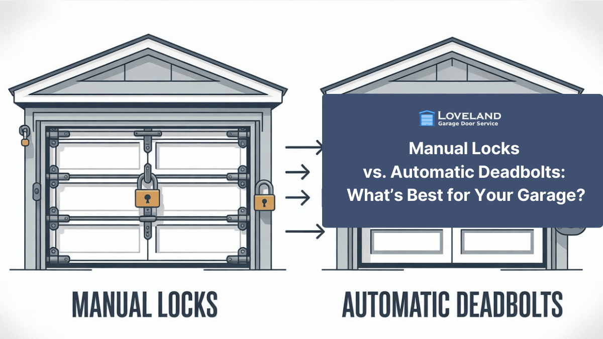 Close up of a manual metal slide lock on a garage door track in Loveland