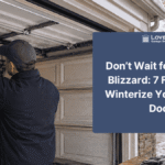 Technician performing fall garage door maintenance in Loveland, Colorado with light snow and autumn leaves to prepare the garage door for winter weather.