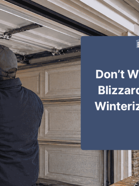 Technician performing fall garage door maintenance in Loveland, Colorado with light snow and autumn leaves to prepare the garage door for winter weather.