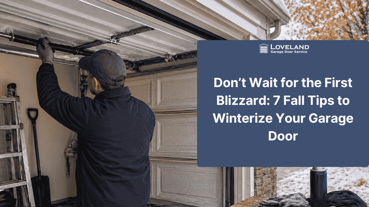 Technician performing fall garage door maintenance in Loveland, Colorado with light snow and autumn leaves to prepare the garage door for winter weather.